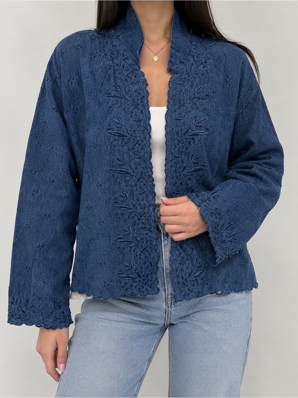 Coldwater Creek Blue Embroidered Denim Jacket